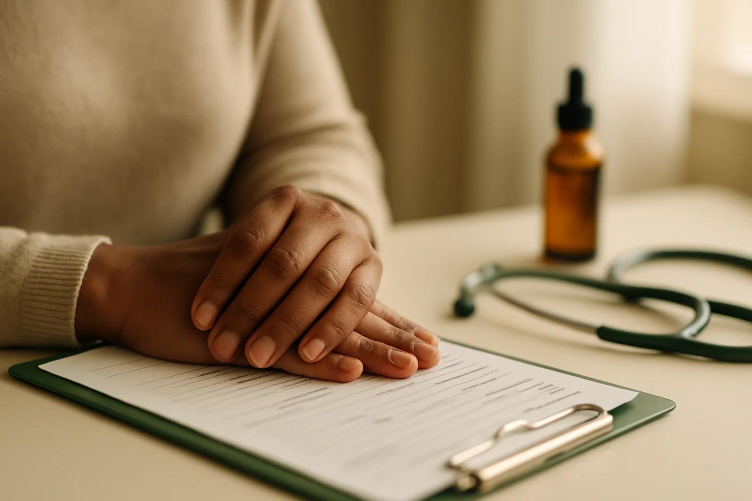 Clinical intake form with a stethoscope — reference for conditions commonly reviewed on the South African Section 21 cannabis pathway.