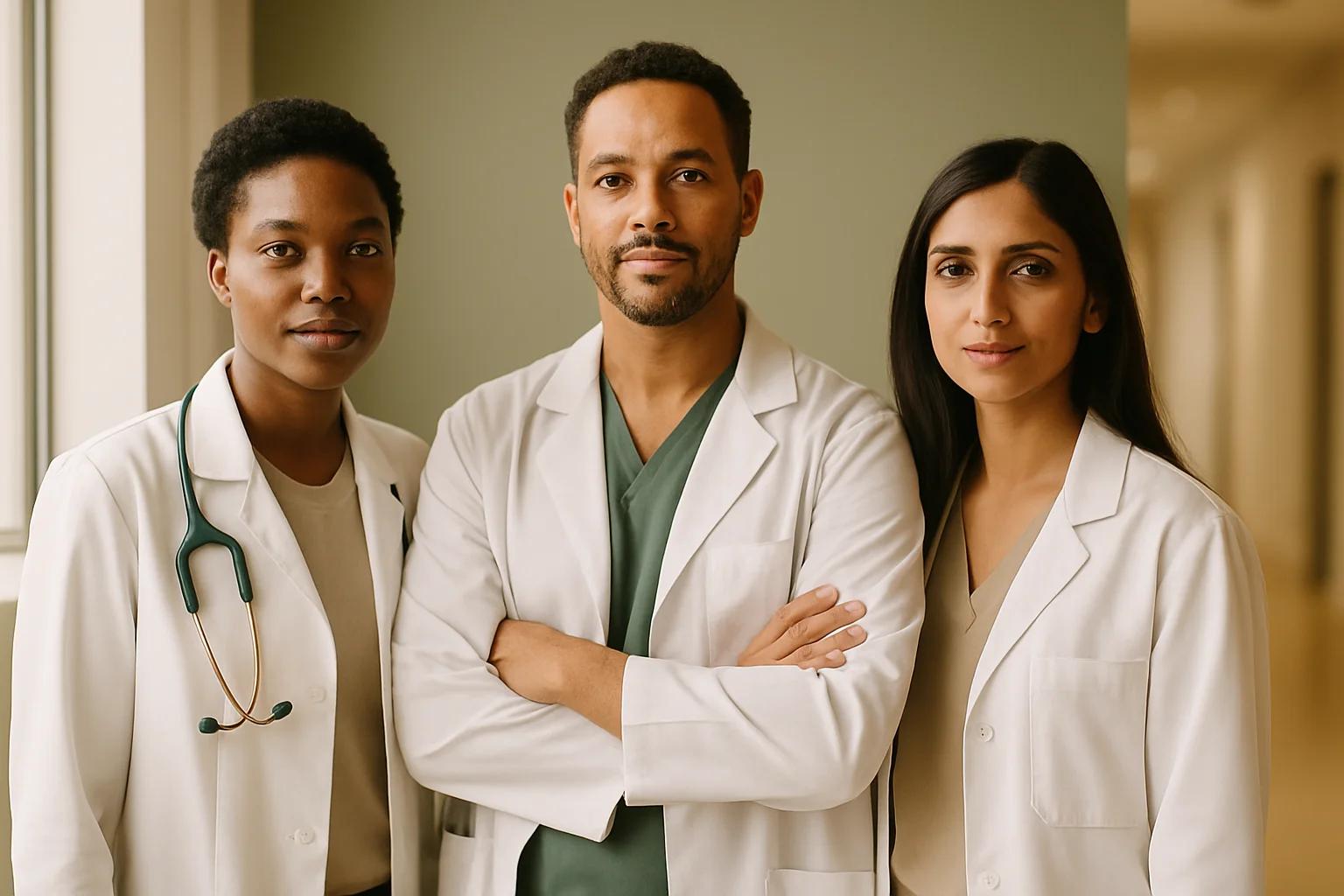 HPCSA-registered doctors on the Docto24 panel — editorial portrait of clinical practitioners who review Section 21 cannabis applications.