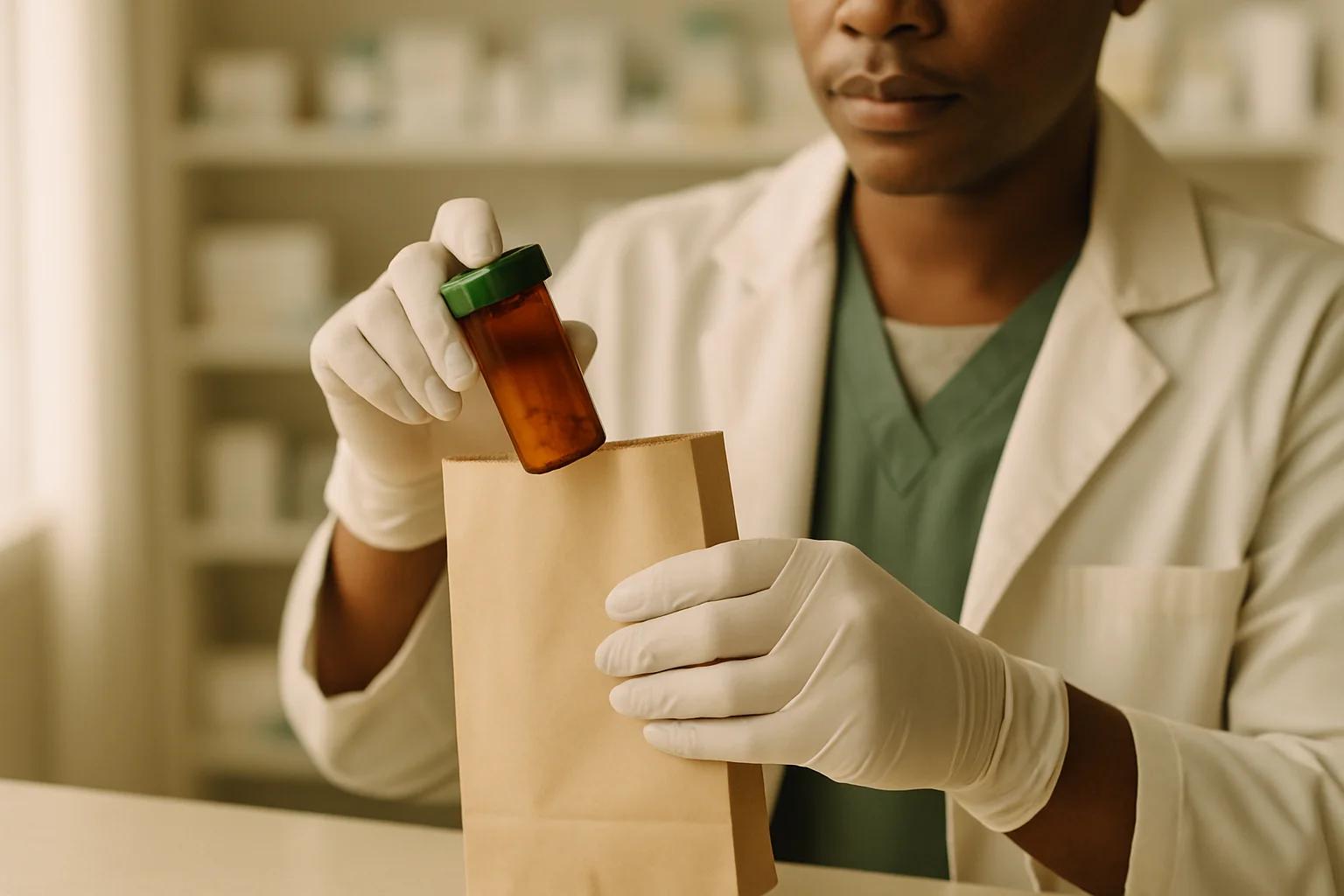 Pharmacist's gloved hands placing an amber prescription bottle into a paper bag at a dispensing counter